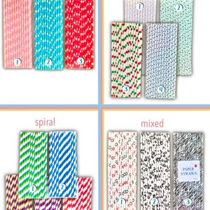 May include: Assortment of paper straws in various patterns, including floral, polka dot, spiral, and mixed designs. Colors include pink, blue, red, green, white, black, and gray. Each bundle is labeled with a number.