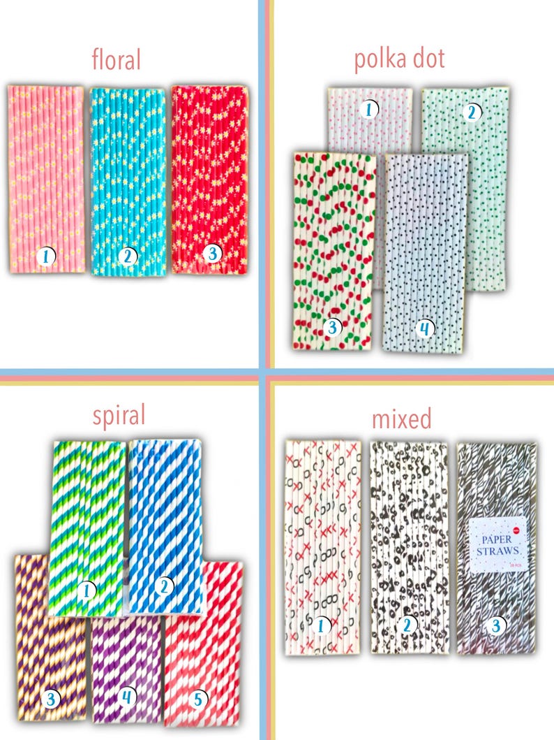 May include: Assortment of paper straws in various patterns, including floral, polka dot, spiral, and mixed designs. Colors include pink, blue, red, green, white, black, and gray. Each bundle is labeled with a number.