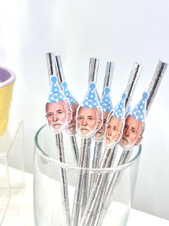 Personalized Face Straws - 90th Birthday Decorations - Personalized Photo Straws - 95th Birthday Tableware Decor - Funny Birthday Straws