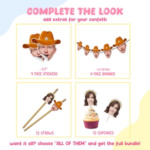 May include: A party supplies bundle featuring face stickers, a face banner, straws, and cupcake toppers. The stickers are 2.7 inches, and the banner is 3.5 metres long. The text "COMPLETE THE LOOK" and "ALL OF THEM" are also visible.