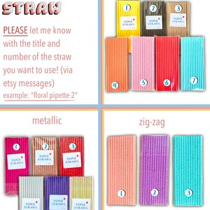 May include: An image showcasing various paper straws in different colors and patterns. The options include solid colors like yellow, brown, and red, metallic options, and zig-zag designs. Text on the image reads "CHOOSE YOUR STRAW" and provides instructions.