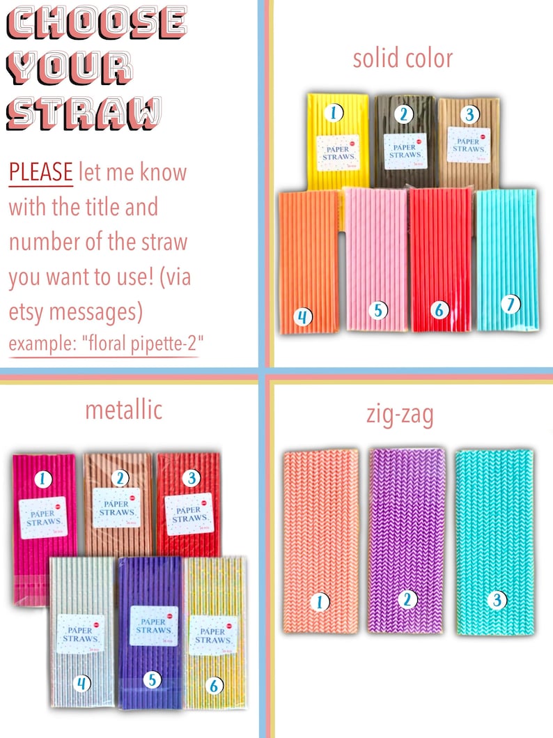 May include: An image showcasing various paper straws in different colors and patterns. The options include solid colors like yellow, brown, and red, metallic options, and zig-zag designs. Text on the image reads "CHOOSE YOUR STRAW" and provides instructions.