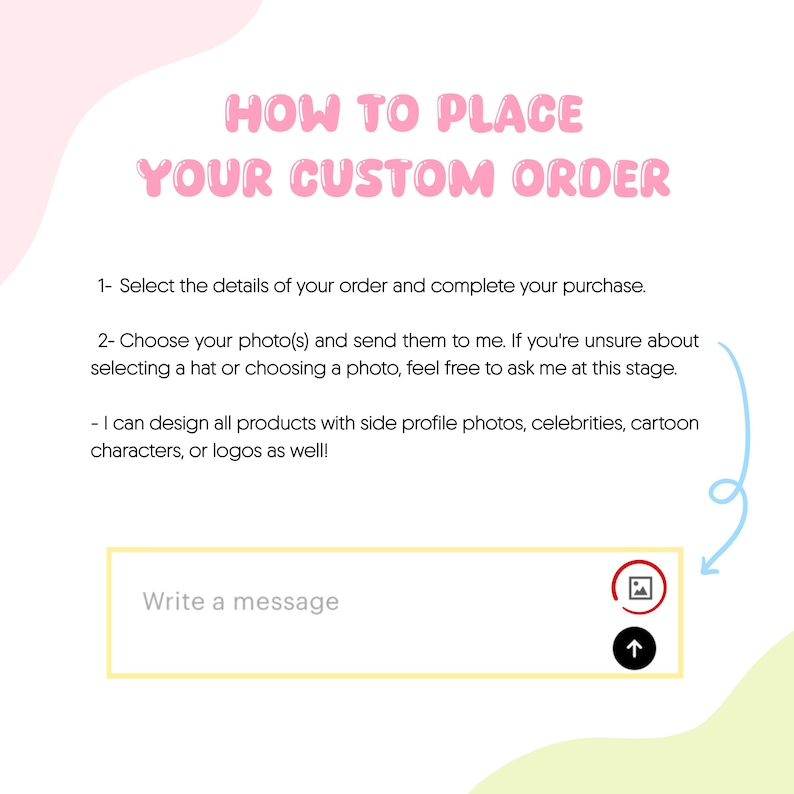 Op de afbeelding: Een roze en witte afbeelding met instructies over het plaatsen van een aangepaste bestelling. De tekst luidt "HOE U UW AANGEPASTE BESTELLING PLAATST" en geeft stappen voor het selecteren van details, het kiezen van foto's en het verzenden van een bericht. Een pictogram voor het uploaden van afbeeldingen en een pijl zijn ook zichtbaar.