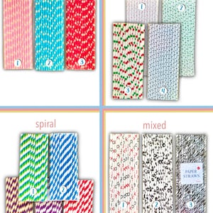 May include: Assortment of paper straws in various patterns, including floral, polka dot, spiral, and mixed designs. Colors include pink, blue, red, green, white, black, and gray. Each bundle is labeled with a number.