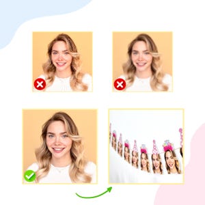 May include: A photo of a woman with blonde hair and a white top. The image also shows a banner with photos of the same woman wearing party hats. The banner is pink and white and says "Happy Birthday".