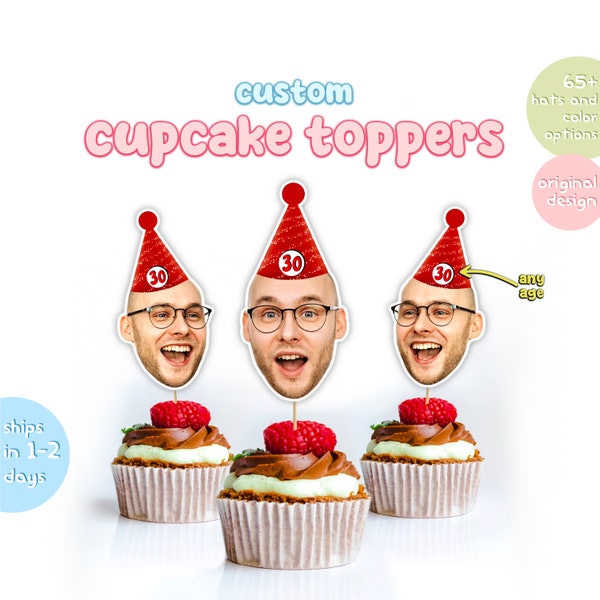 Benutzerdefinierte Gesicht Cupcake Toppers, Baby Shower Dekorationen, 18., 21., 30., 40., 50., 60. Geburtstag Dekorationen