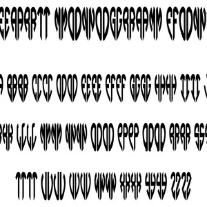 May include: A font alphabet chart with uppercase letters in a bold, black, gothic style.
