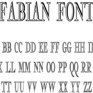 Puede incluir: Una imagen en blanco y negro que muestra el alfabeto en una fuente en negrita con serif llamada "FABIAN FONT".