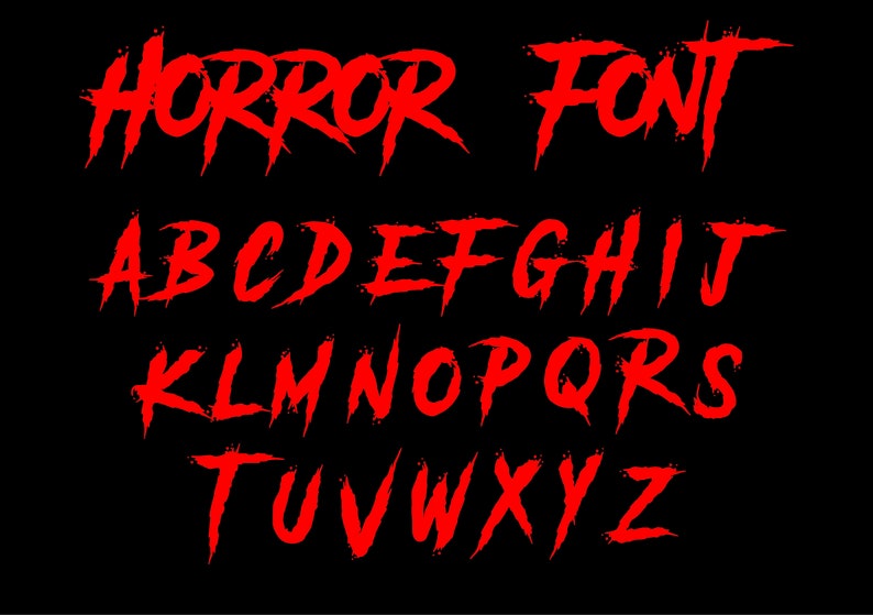 Puede incluir: Alfabeto de fuente de terror rojo con efecto de sangre goteando. Las letras son estilizadas y dentadas, creando una est&eacute;tica espeluznante y aterradora.