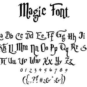 May include: A black and white image of a font called "Magic Font". The font is a decorative, handwritten style. The image shows the alphabet in uppercase and lowercase, numbers 0-9, and punctuation marks.
