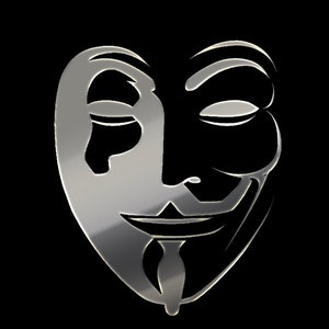 May include: A silver-colored mask with a stylized face, a wide smile, and a goatee. The mask is a popular symbol of anonymity and privacy.