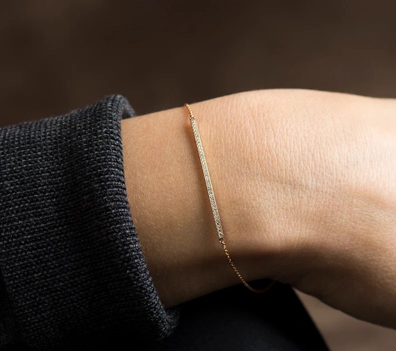 Bar Diamond Bracelet, 14K / 18K Yellow Gold, Pave Bar bracelet, Single Row Bracelet, Chain Bar shops Bracelet, Anniversary Gift, Diamond Bracelet