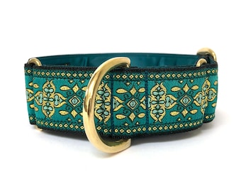 Teal turquoise gold martingale collar, greyhound collar, sighthound collar, lurcher collar, whippet made to measure collar,  solid brass