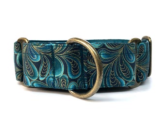 Teal gold paisley martingale dog collar, greyhound collar, sighthound collar, bespoke collar, made to measure, antique brass effect hardware