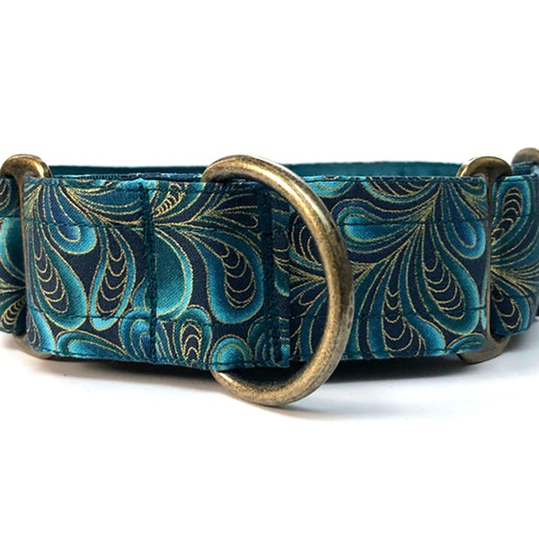 Teal gold paisley martingale dog collar, greyhound collar, sighthound collar, bespoke collar, made to measure, antique brass effect hardware