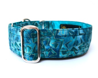 Teal turquoise martingale dog collar, greyhound collar, sighthound collar, bespoke collar, made to measure, with nickel plated hardware