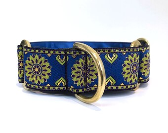Ethnic floral blue green martingale dog collar. Slip on wide adjustable greyhound collar for walking. Satin lined with solid brass hardware.