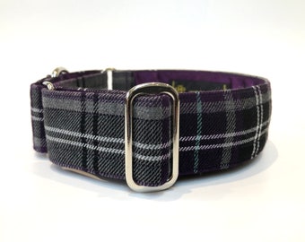 Purple tartan plaid check fabric martingale dog collar for greyhound, sighthound, lurcher, made to measure, with nickel plated hardware