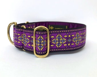 Luxury greyhound martingale collar. 38mm wide purple & gold patterned metallic jacquard ribbon, satin lined with solid brass hardware.