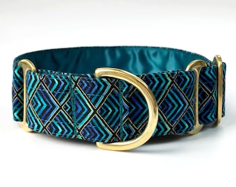 Greyhound martingale collar & lead set. Stunning metallic effect teal black and gold fabric outer, satin lined with solid brass hardware.