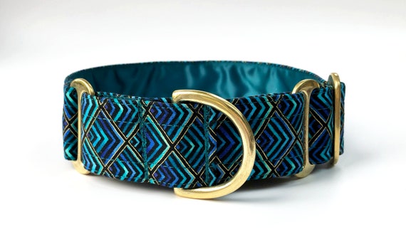 Teal turquoise gold black martingale dog collar, greyhound collar, sighthound, lurcher collar, saluki collar, whippet collar, solid brass