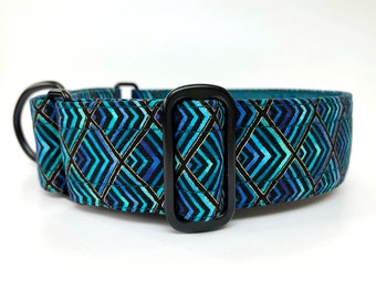 Teal/gold/black martingale dog collar, greyhound collar, sighthound collar, bespoke collar, made to measure, black metal hardware