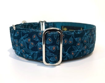 Teal martingale dog collar, greyhound collar, sighthound collar, bespoke collar, made to measure, with nickel plated hardware