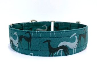 Emerald green martingale dog collar with hound silhouette pattern. 40mm wide, fabric outer, satin lined, slip on and fully adjustable.