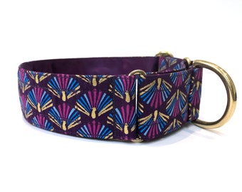 Purple martingale dog collar. Striking 1.5" wide adjustable slip on collar suitable for sighthounds. Satin lined with solid brass hardware.