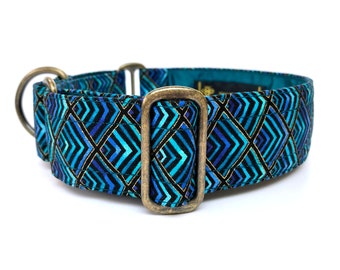 Teal/gold/black martingale dog collar, greyhound collar, sighthound collar, bespoke collar, made to measure,antique brass effect hardware