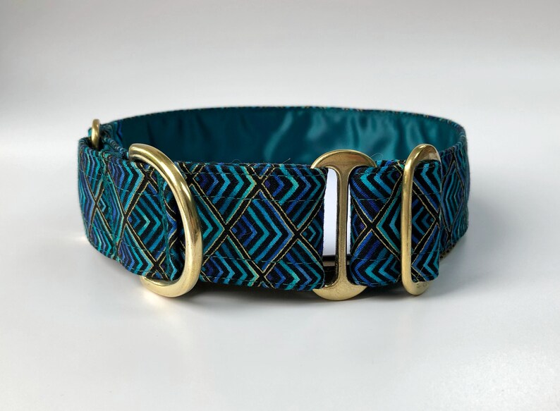 Pu&ograve; includere: Un collare per cani blu turchese con un motivo geometrico e accessori dorati.