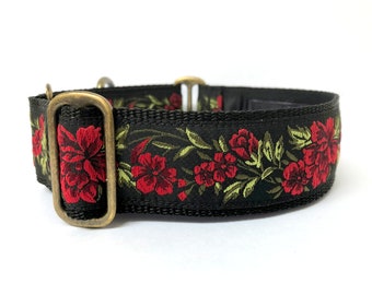 40mm wide slip on pretty red and black Bavarian floral design martingale dog collar for greyhounds. For comfort, durability & functionality.