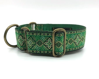 Elegant Martingale Collar - Green Black and Gold Metallic Effect Jacquard Ribbon outer with Antique Brass Effect Hardware