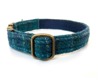 Adjustable Harris Tweed blue and teal dog collar with matching satin lining and antique brass effect