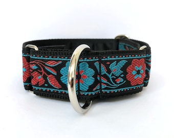 Vibrant Red and Blue Floral Pattern Martingale Dog Collar