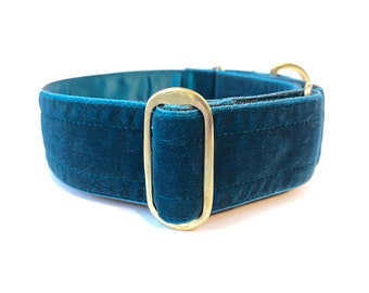 Luxury teal velvet adjustable collar available as slip on house or martingale collar with solid brass hardware