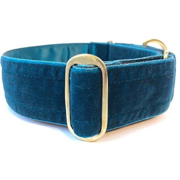 Luxury teal velvet adjustable collar available as slip on house or martingale collar with solid brass hardware