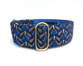 Martingale collar for greyhound dog. 1.5" wide blue, burgundy and gold metallic peacock patterned fabric collar with solid brass hardware.