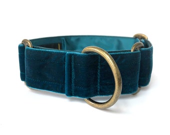 Teal velvet martingale collar.  Luxury handcrafted adjustable slip on double loop collar, for greyhound, sighthound, whippet, lurcher.