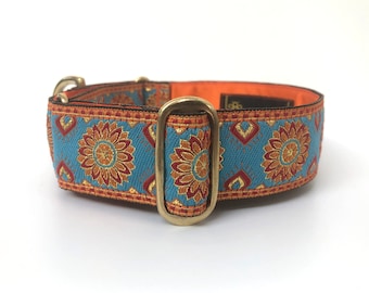 Vibrant orange & blue martingale collar - 38mm (1.5") wide, slip on, double loop adjustable collar, for walking and training. Gift for dogs.