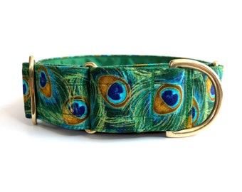 Green peacock martingale dog collar, greyhound collar, sighthound collar, lurcher collar, whippet collar, martingale collar, solid brass