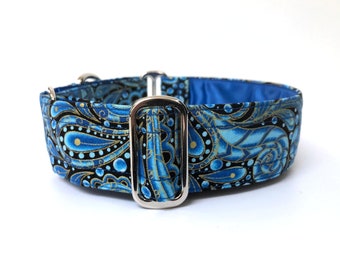 Blue paisley martingale dog collar, greyhound collar, sighthound collar, bespoke collar, made to measure, nickel plated hardware