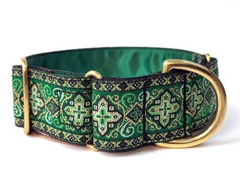 Green black gold martingale dog collar, greyhound collar, sighthound collar, lurcher collar, whippet made to measure collar,  solid brass