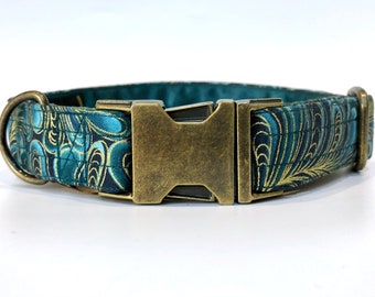 Teal gold paisley dog house collar, greyhound, sighthound, bespoke collar, made to measure, antique brass effect hardware
