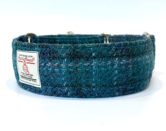 Turquoise Teal Blue Harris Tweed 40mm adjustable martingale collar, greyhound, sighthound, lurcher, slip on collar, nickel plated hardware