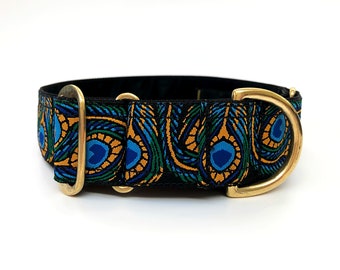 Peacock martingale dog collar, greyhound collar, sighthound collar, bespoke collar, adjustable with solid brass fittings