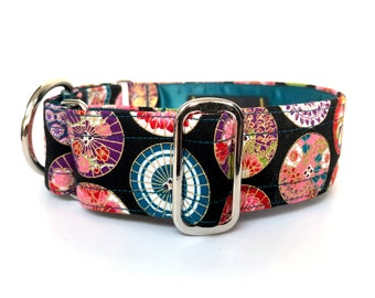 Multi coloured martingale dog collar, greyhound collar, sighthound collar, bespoke collar, made to measure, with nickel plated hardware