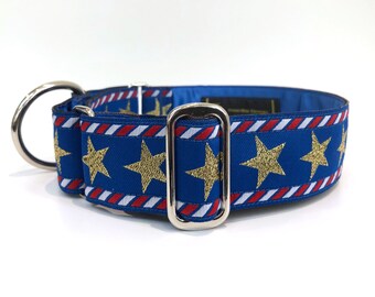 Adjustable martingale collar with red white and blue patriotic Stars and Stripes pattern. Suitable for large dogs and sighthounds.