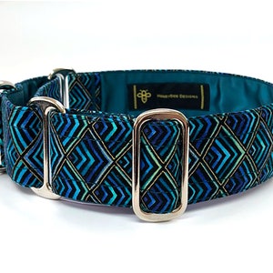 Teal/gold/black martingale dog collar, greyhound collar, sighthound collar, bespoke collar, made to measure, with nickel plated hardware