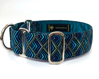 Teal/gold/black martingale dog collar, greyhound collar, sighthound collar, bespoke collar, made to measure, with nickel plated hardware